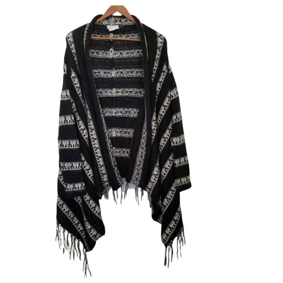 Billabong Black Striped Knit Open Front Fringe Cardigan Size L/G - Picture 2 of 6